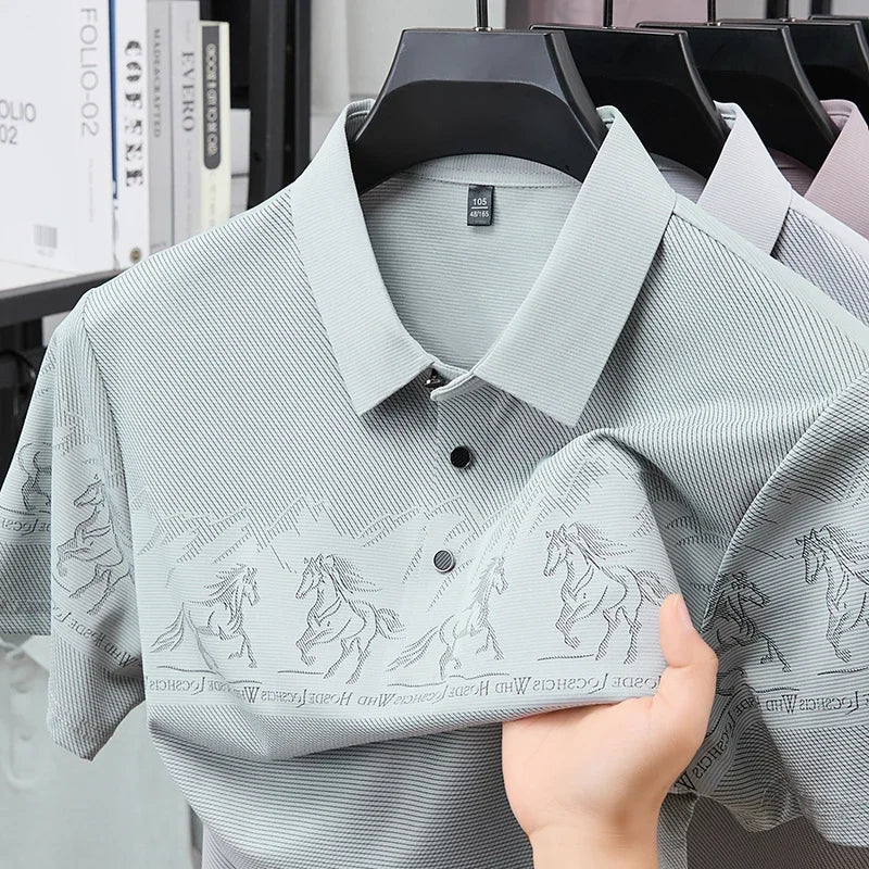 Men's Lapel Polo - Landscape Print, Sweat-Resistant Lightweight