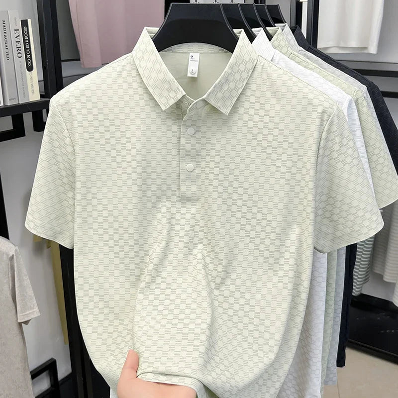 Men's Hollow-Grid Polo - Lapel Three-Button, Breathable Stretch