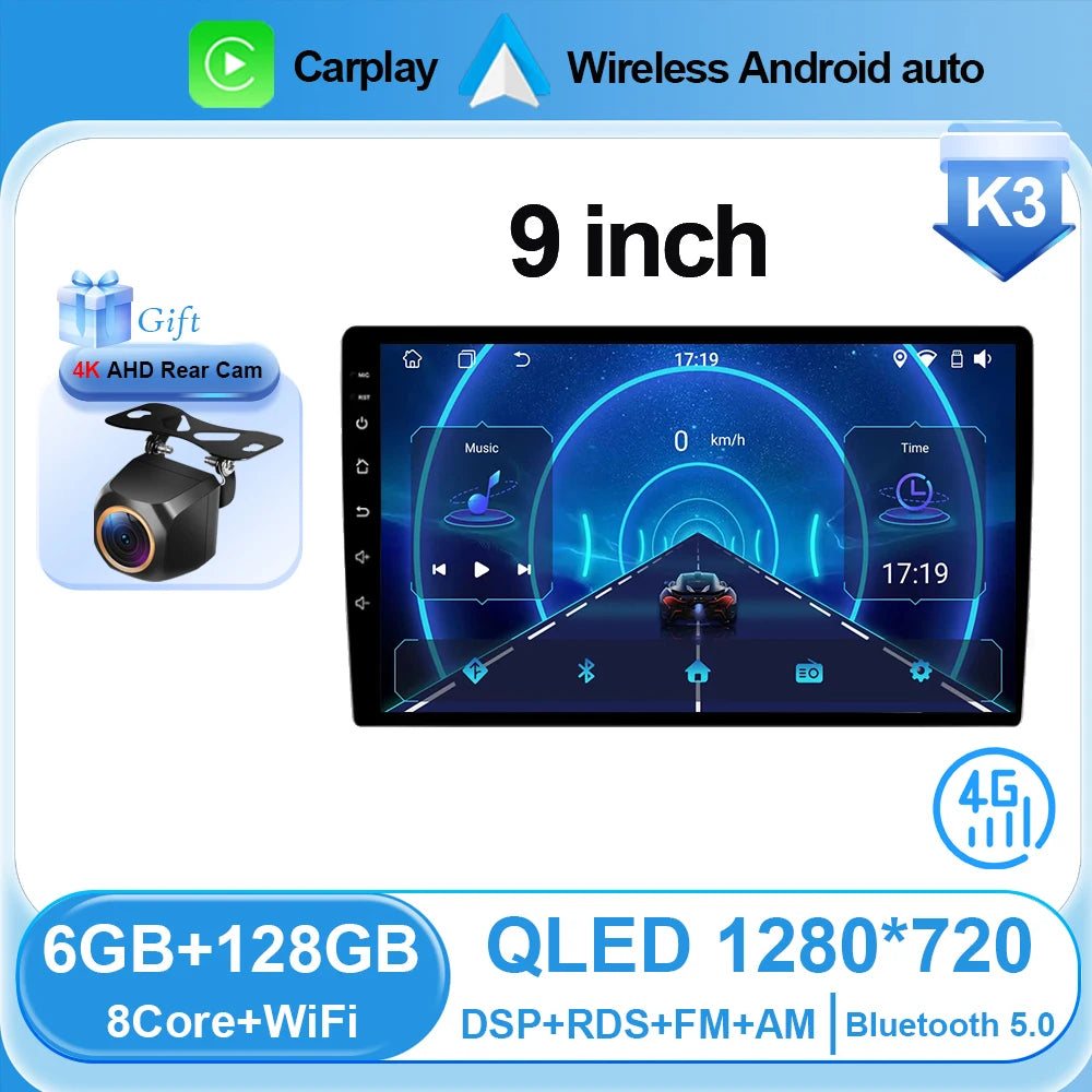 Universal 2-DIN Android Car Stereo (9"/10") — CarPlay, Android Auto, GPS, QLED Screen, Bluetooth