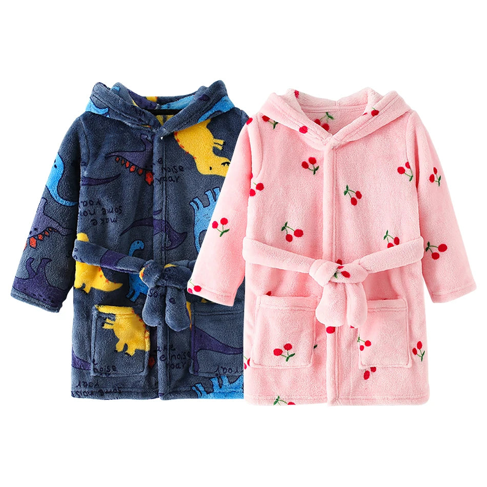 Kids Hooded Fleece Bathrobe - Cute Cartoon Robe for Boys and Girls