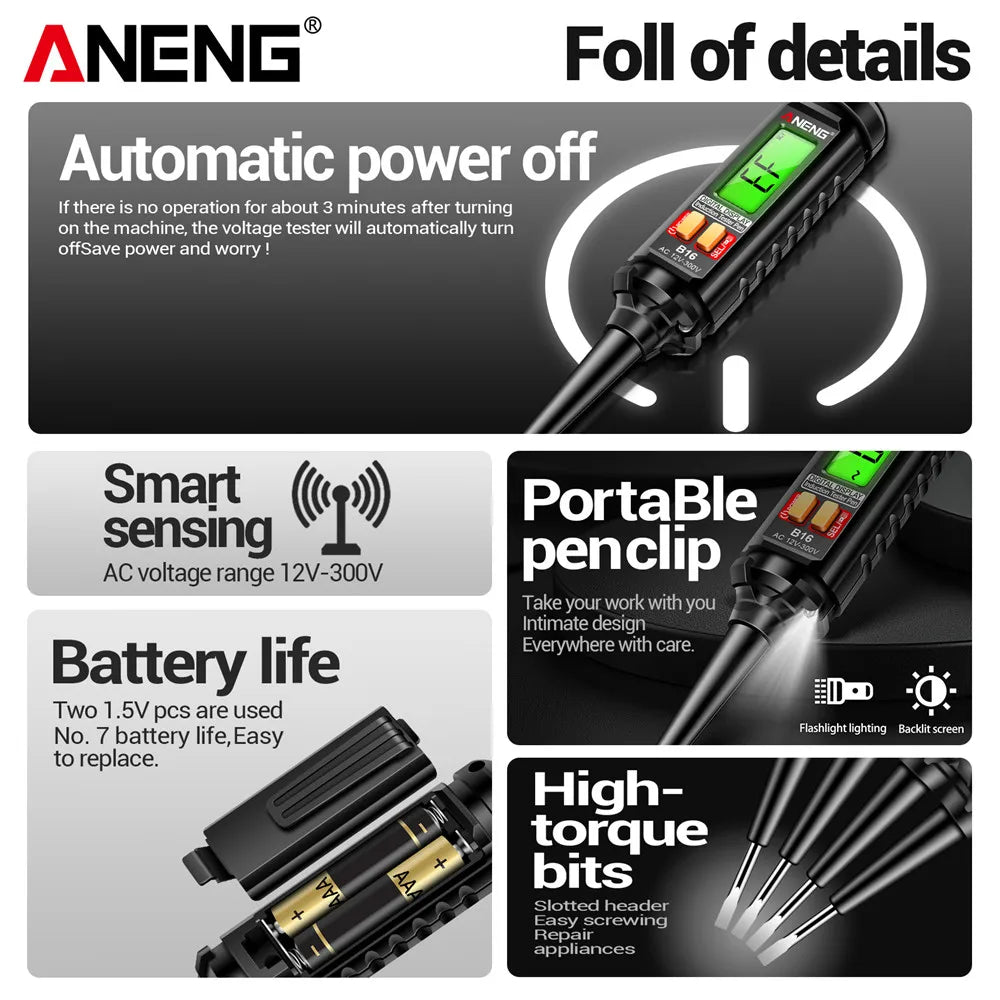 ANENG B16 Voltage Tester Pen 12V-300V Non-Contact Induction  Detector NCV Voltage Sensing Test Meter Breakpoint Finder Tool