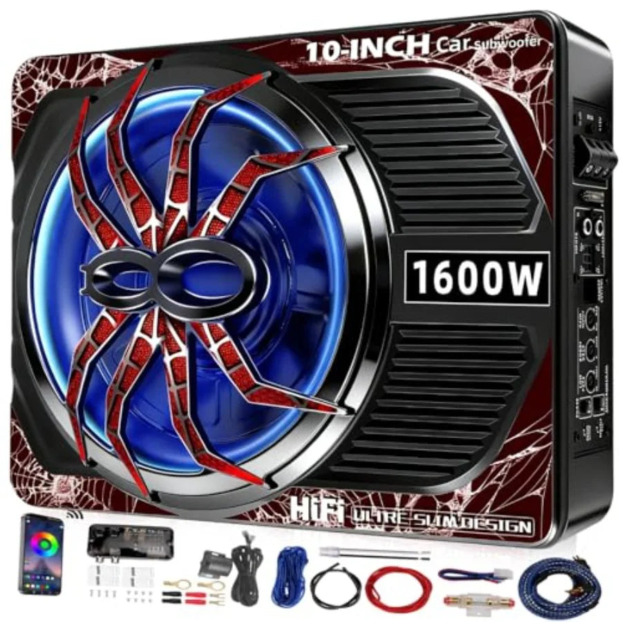 Under seat subwoofers for vehicles: 1600W slim 10-inch with built-in amp, black finish, LED ambient light, deep bass, individua