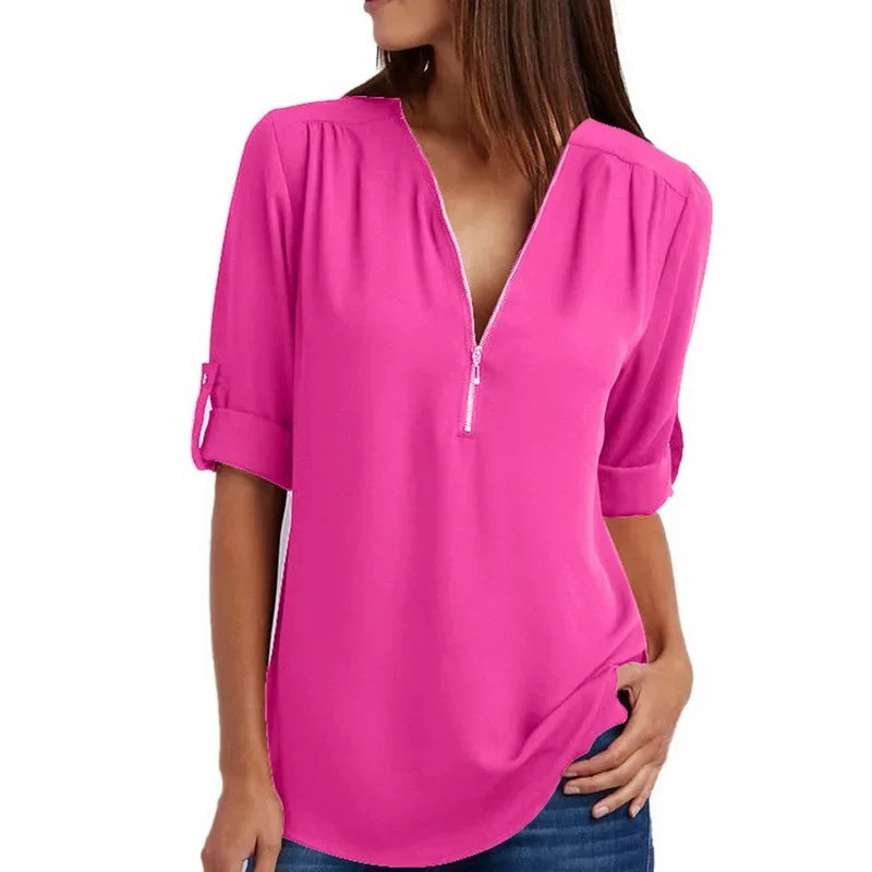 Customizable Women Blouse Zipped Rolled Sleeve Blouse Tailor-made T-Shirts CS6611