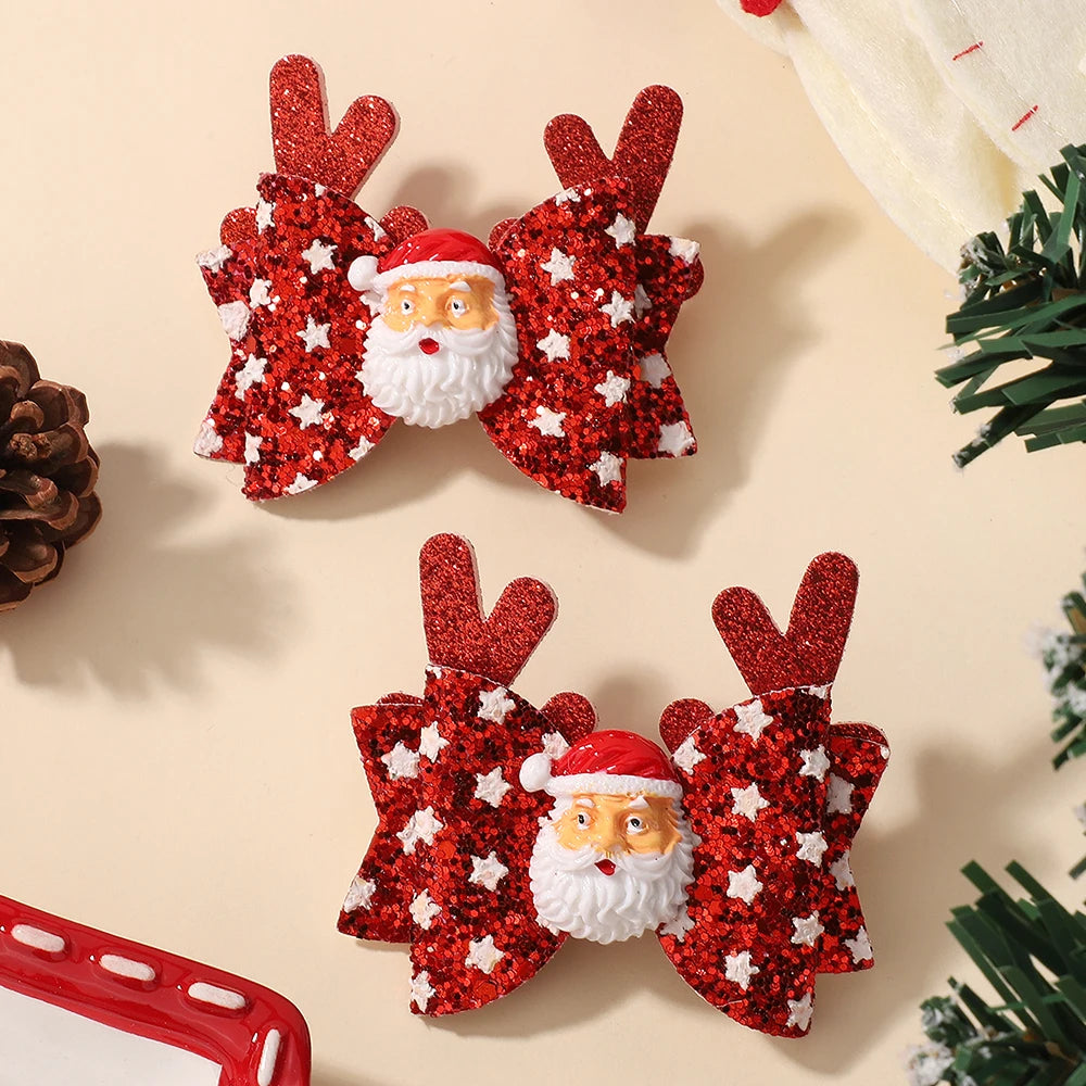 2Pcs/Set Baby Girls Christmas Hair Clips Glittle Bows with Antlers Santa Claus Snowflake Hairpin Shiny Headwear Hair Accessories