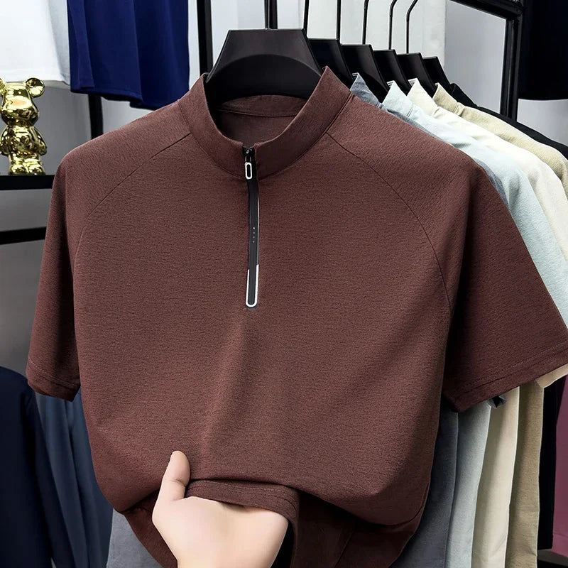 Men's Half-Zip Mandarin Tee - Cool-Touch Raglan, Breathable Knit