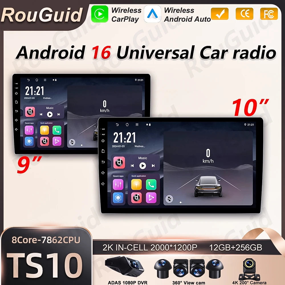 Universal 2-DIN Android Car Stereo (9"/10") — CarPlay, Android Auto, GPS, QLED Screen, WiFi, Bluetooth