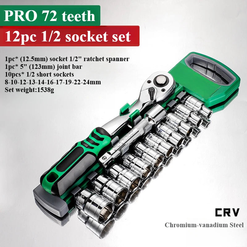 1/4 3/8 1/2 Inch Ratchet Socket Wrench Set 72Drive Motorcycle Car Repair Hand Tools Spanner Sleeves Head Auto Repairing Kit