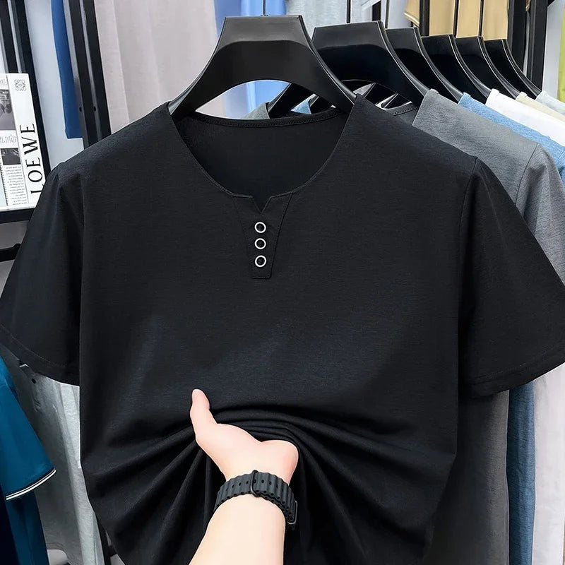 Men's Split V-Neck Tee - Three Metal Buttons, Breathable Slim Fit
