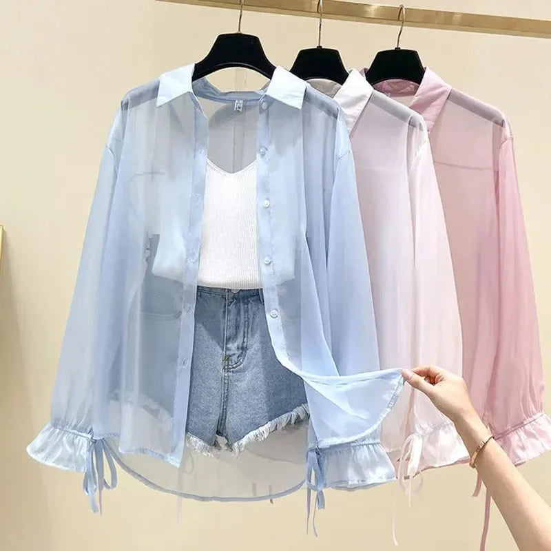 Women's Chiffon Button-Up Blouse — Bow Lace-Up Long-Sleeve Shirt