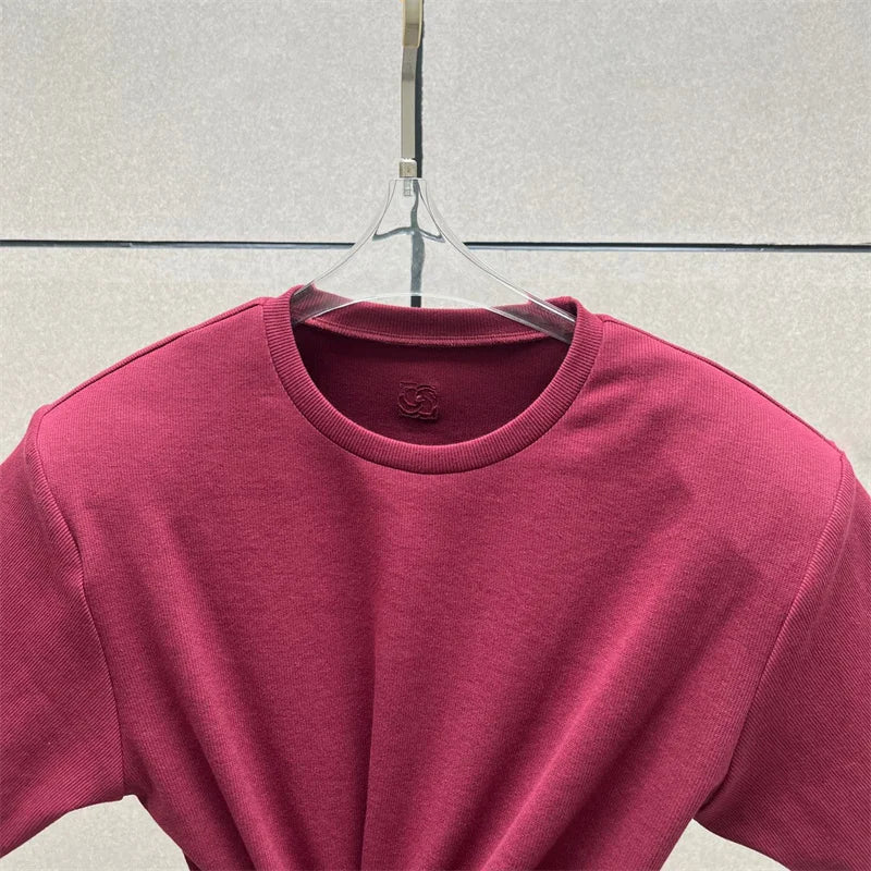 Women's t-shirt 2026 summer New elastic knitted short sleeved top 3D flower decorated round neck pullover pure cotton crop top