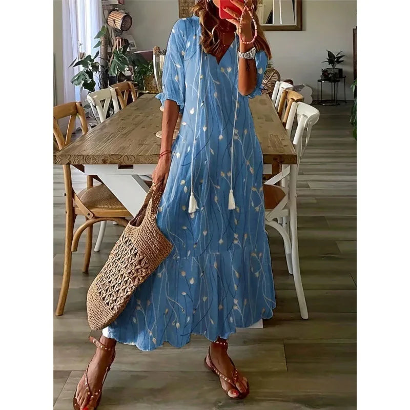 2026 Women Vintage Print Bohemian Dress Summer Fashion V Neck Half Sleeves Long Dresses Female Casual Holiday Beach Dresses