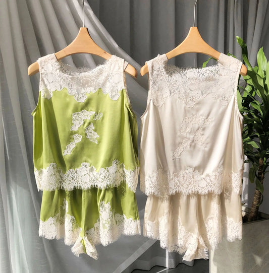 Soft Satin Lace Romantic French Lace Embroidered Satin Silk Sleeveless Vest Shorts