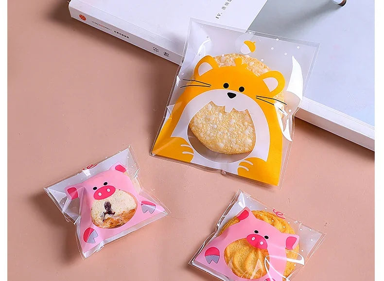100Pcs Plastic Transparen Cartoon Candy Cookie Plastic Bags Self-Adhesive For Biscuits Snack Baking Package Kids Gift DIY