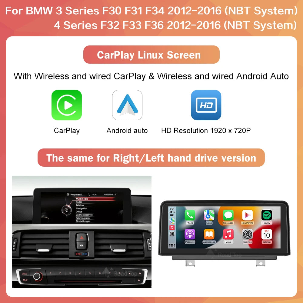 10.25" Wireless CarPlay & Android Auto Display for BMW 3/4 Series F30 F31 F32 F33 F34 F36 NBT — 1920×720 Touchscreen