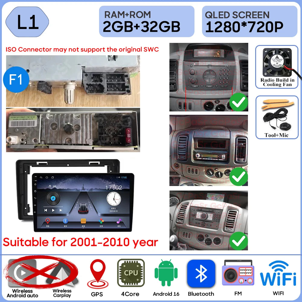 Car Stereo with Apple CarPlay & Android Auto, Compatible with Renault Trafic 2, Opel Vivaro A & Nissan Primastar