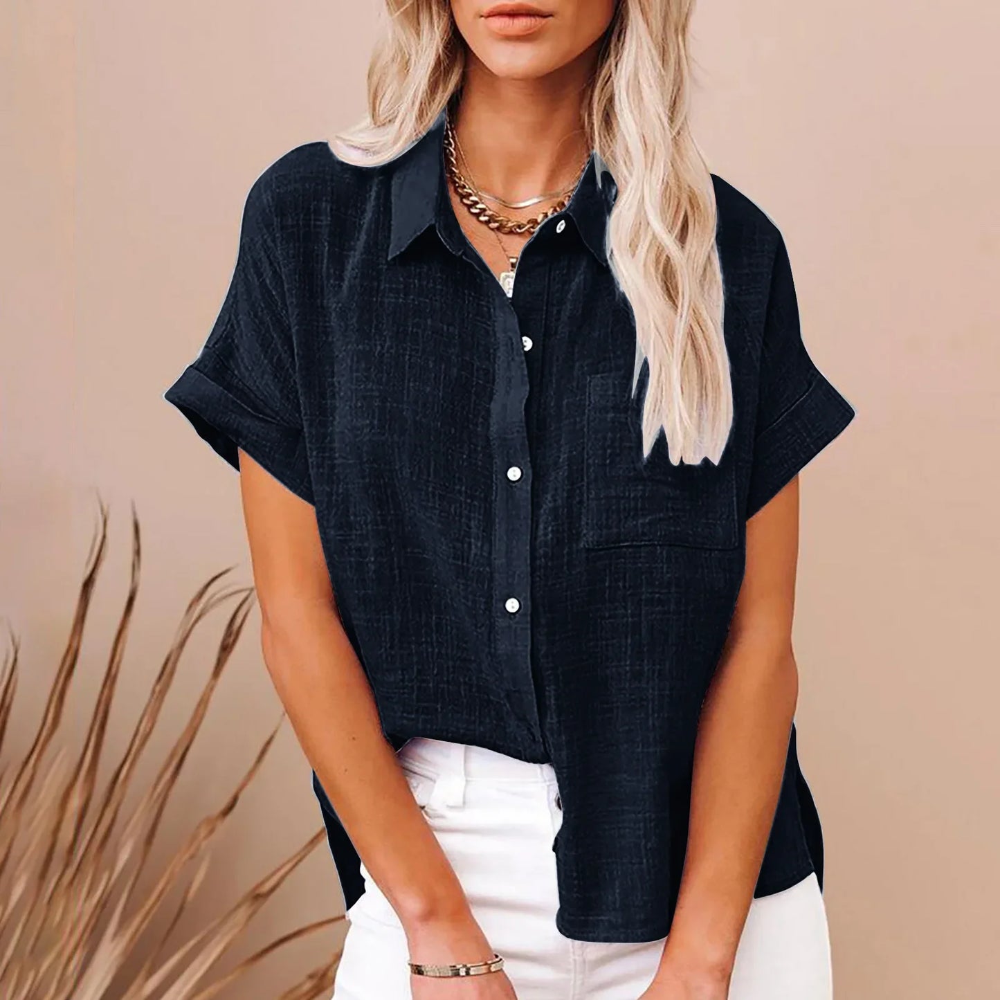 Women's Cotton-Linen Blouse — Loose Short-Sleeve Casual Summer Top