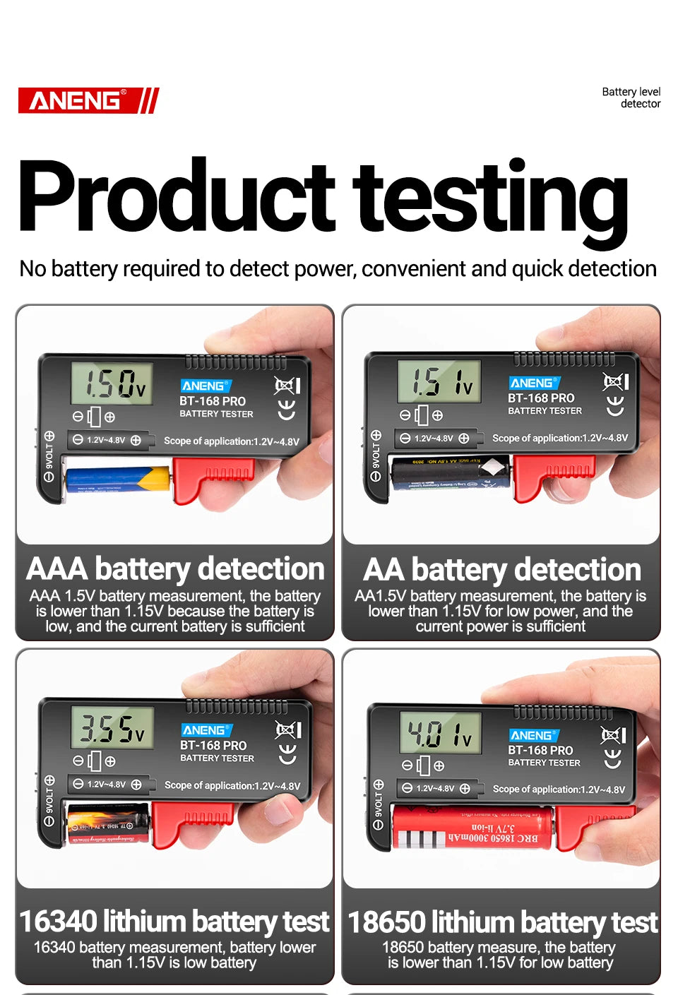ANENG BT-168 PRO Digital Battery Tester Checkered load analyzer Display Check AAA AA Button Cell Lithium Capacity Universal test