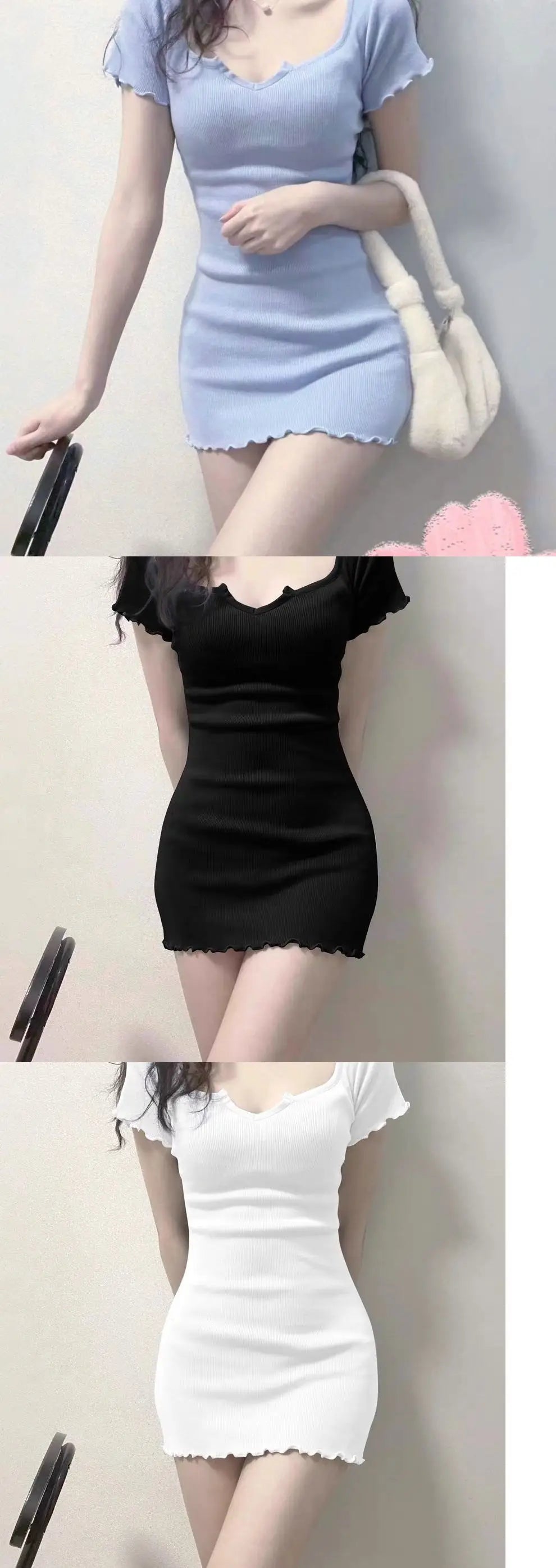 Women's Korean Slim-Fit V-Neck Mini Dress – Spice Girl Style Hip-Hugging Sheath Dress | S–XXL (White, Black, Blue)