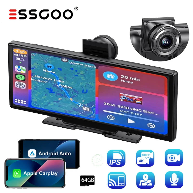 ESSGOO 10.26"4K 64G Portable Touch Screen Wireless Bluetooth Stereo CarPlay Android Auto Card Dual Lens Car Dash Cam FM AUX WIFI