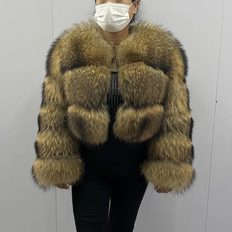 Women's Short Raccoon Fur Coat, Winter Jacket
