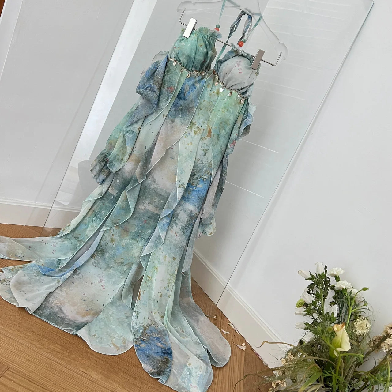 2026 Elegant Halter Neck Ruffled Maxi Dress Women Blue Green Floral Print Bohemian Design Beach Vacation Casual Party Dress New