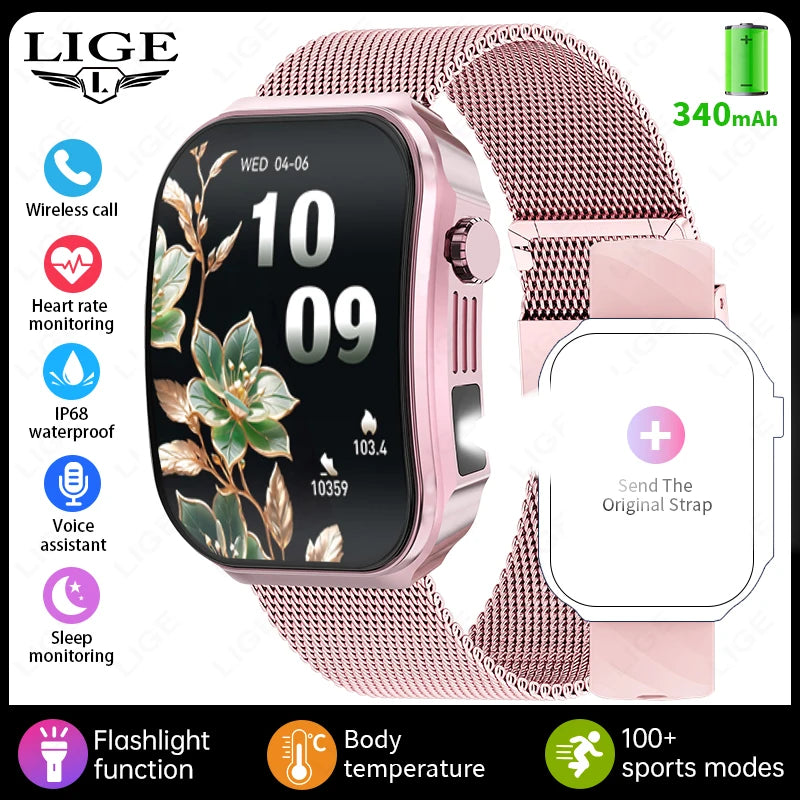 LIGE BWU15 Smart Watch – 2.2" 3D Curved Screen, BT Calling, Heart Rate, Blood Oxygen & 100+ Sports Modes | IP67