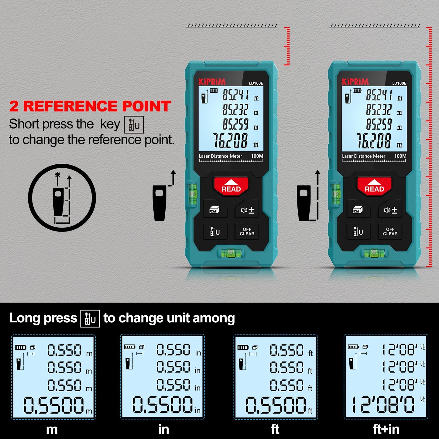Kiprim Laser Rangefinder 50M 70M 100M Mini Laser Measurement Tool Laser Tape High Accuracy Multiple Measurement Functions