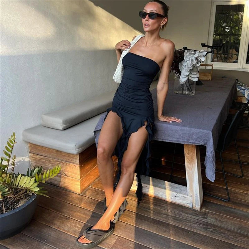 2026 Summer Maxi Women's Dress Vintage Elegant black Fashion Sleeveless Slim Backless Irregular Tassel Party Dresses Street Robe