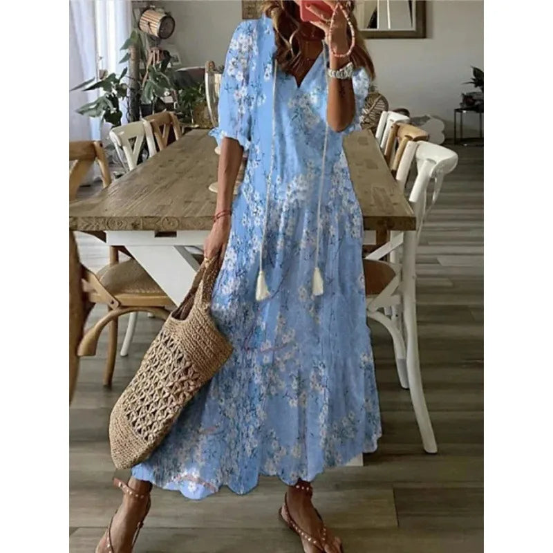 2026 Women Vintage Print Bohemian Dress Summer Fashion V Neck Half Sleeves Long Dresses Female Casual Holiday Beach Dresses