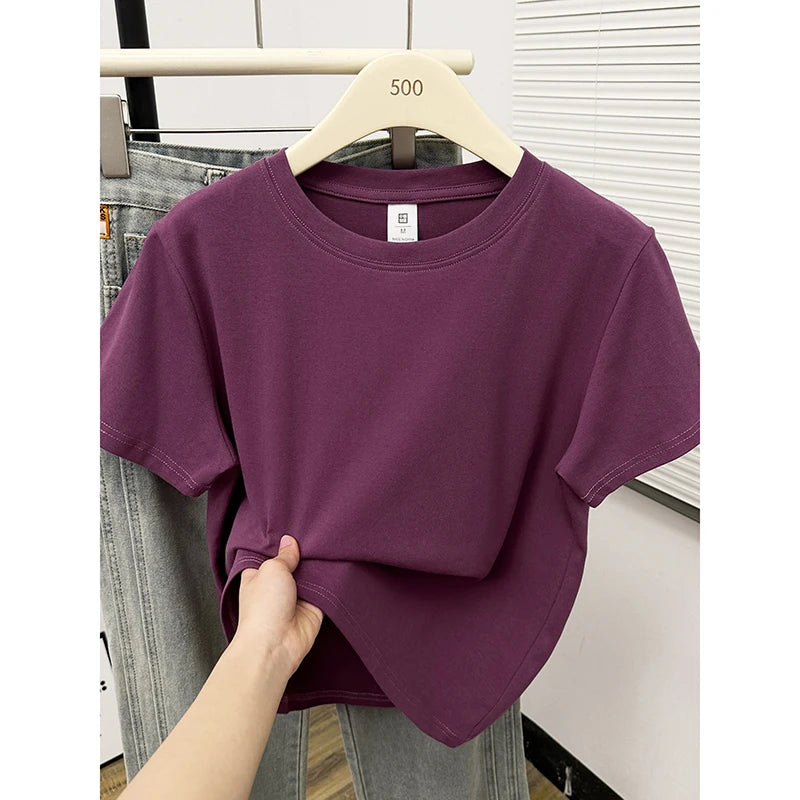 Women's Solid Short Sleeve Tee — Casual Y2K Top