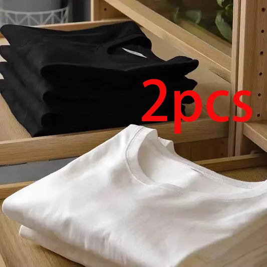 2pcs Solid Color T-shirt 100% Cotton Men Women White O-Neck Loose Short-sleeved Basic Models All-match T-shirt Couple Tops Black