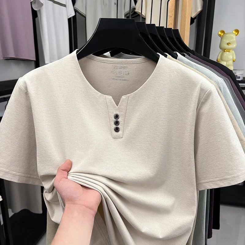Men's Quick-Dry Henley Tee - V-Notch Neck, Breathable Summer