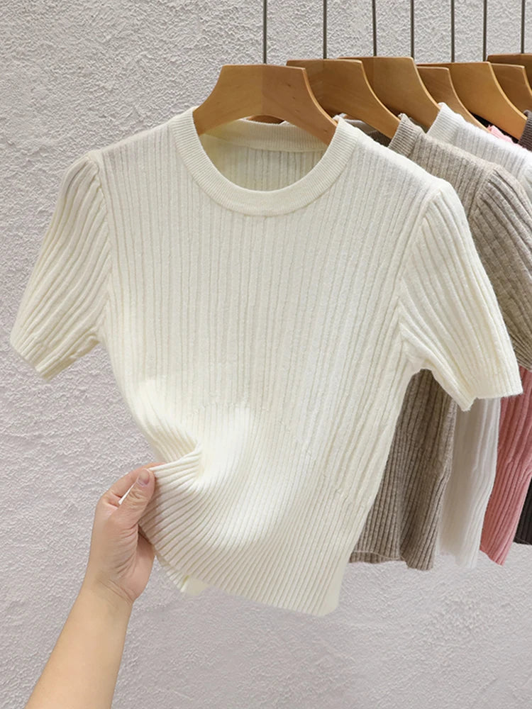 Women's Knit Summer T-Shirt — Korean Basic Solid Top