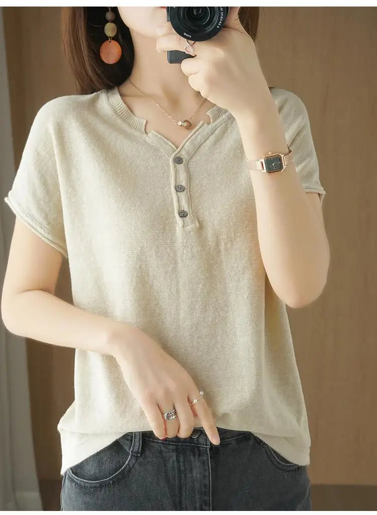 Summer 100% pure cotton women's T-shirt V-neck knitted short sleeved loose Tees solid color pullover button Tops basic versatile