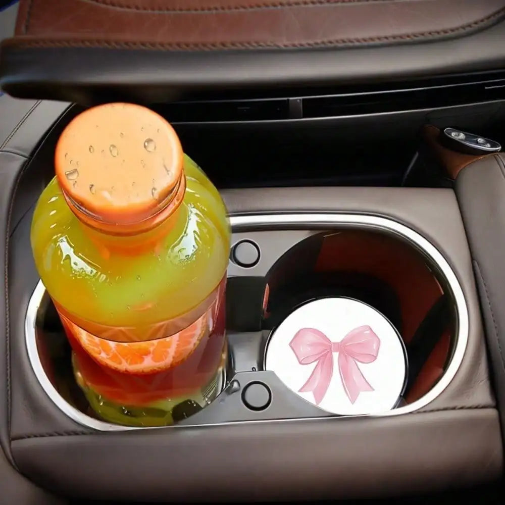 2-Pack Non-Slip Pink Bow Print Car Cup Holder Coasters, Universal Fit Interior Accessories