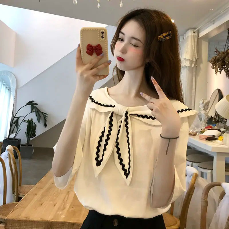 Sailor Collar T-shirts Women Baggy Kawaii Clothes Panelled Temper Designer Aesthetics Japanese Stylish Summer Vintage Футболка