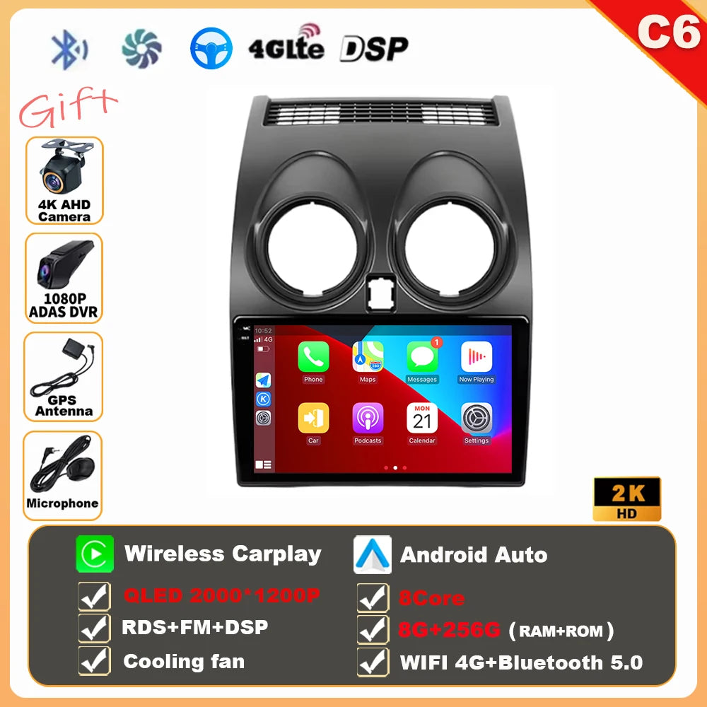 Android 16 Wireless CarPlay Android Auto Car Radio For Nissan Qashqai J10 2006 2007 2008-2013 Smart Intelligent Systems 4G GPS
