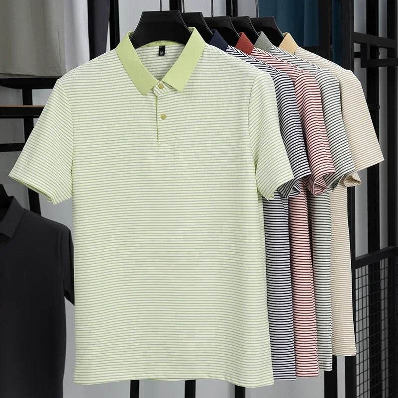 Men's Fine-Stripe Lapel Polo - Breathable Mesh, Soft Stretch