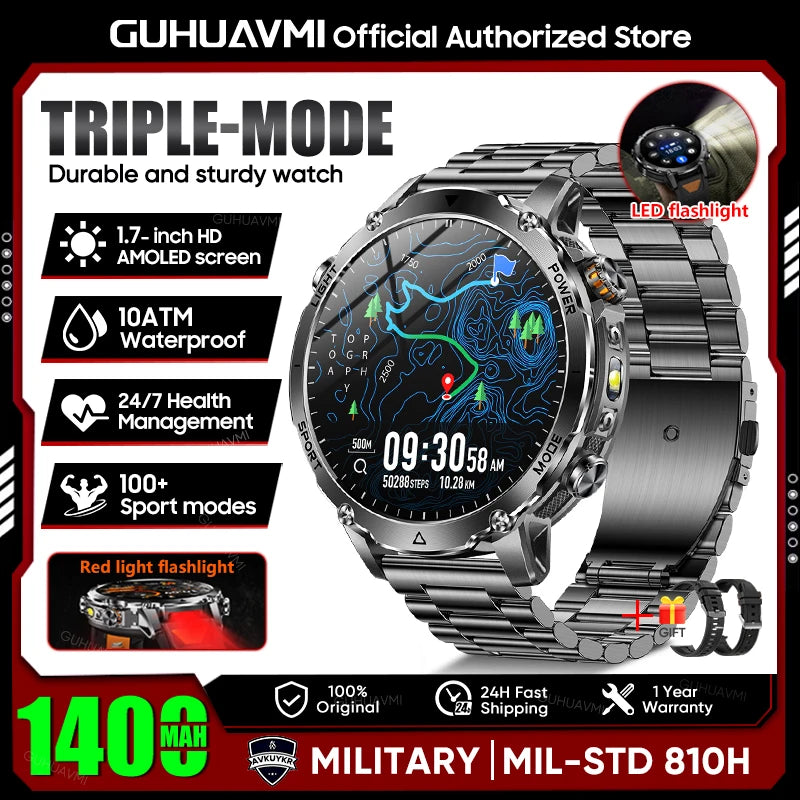 Rugged Outdoor Smart Watch — 1400mAh, 10ATM, Torch & BT Call