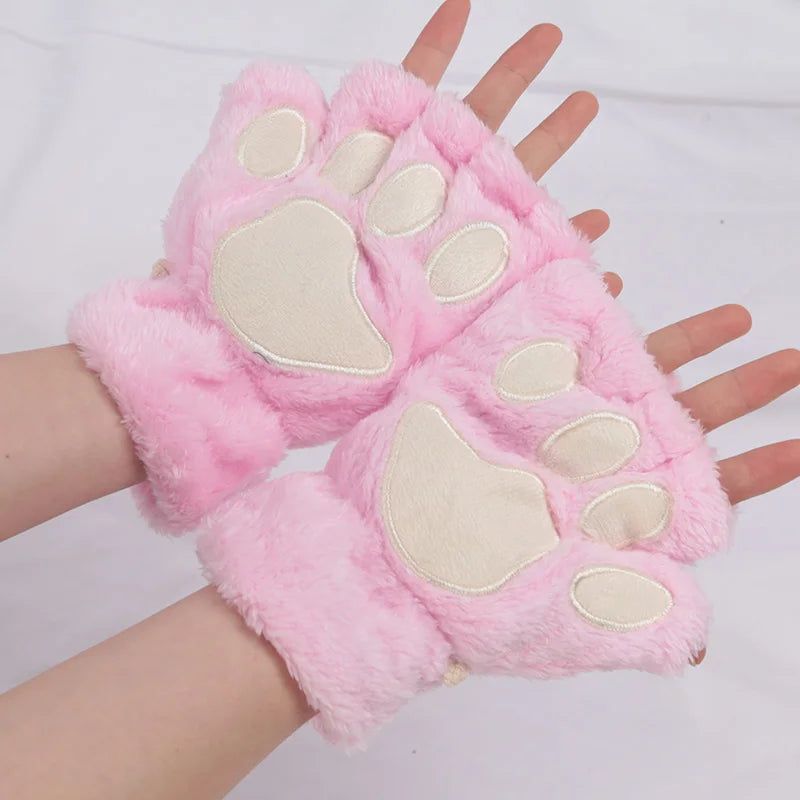 Women's Cat Paw Fingerless Gloves, Plush