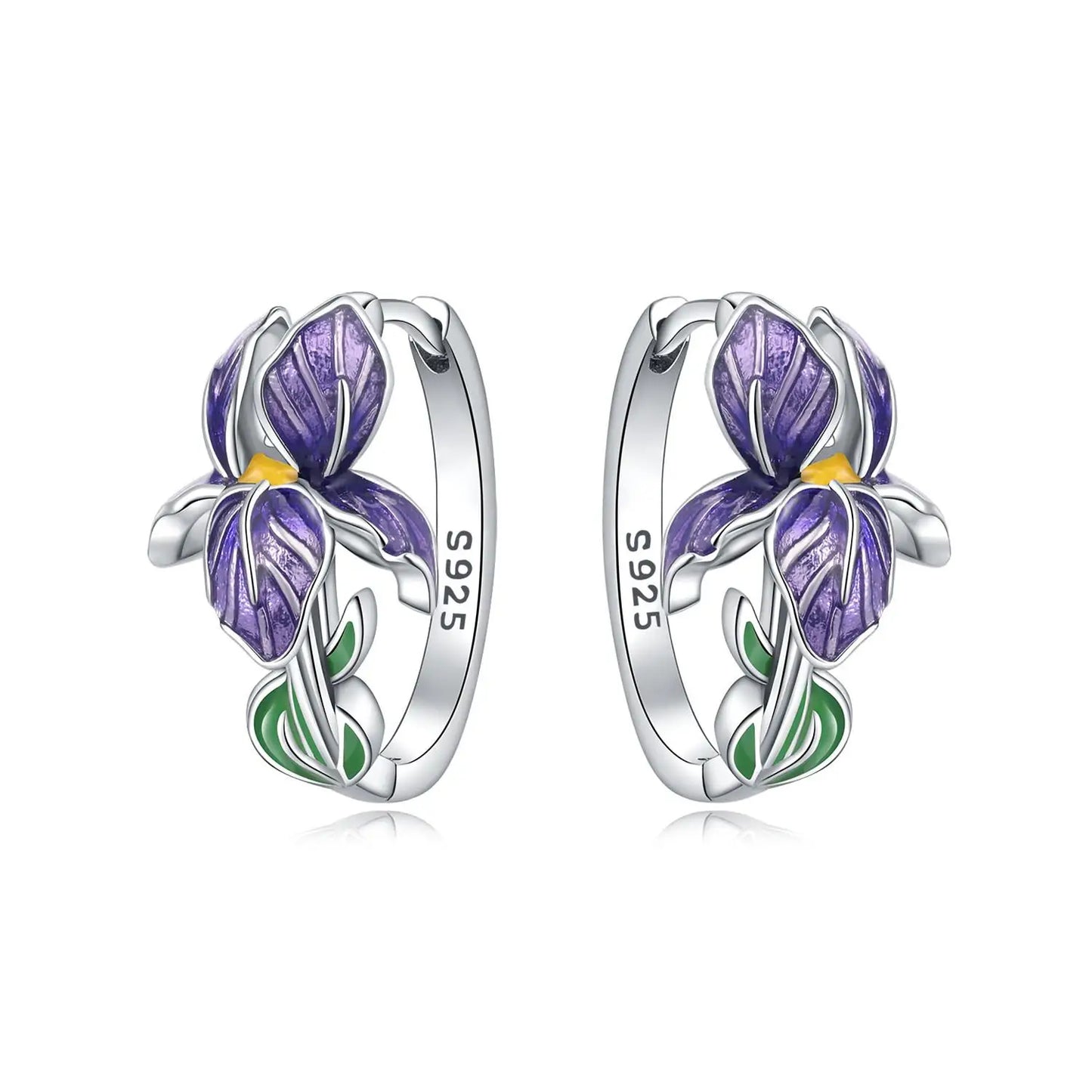 925 Silver Iris Flower Earrings – Purple Floral Drops