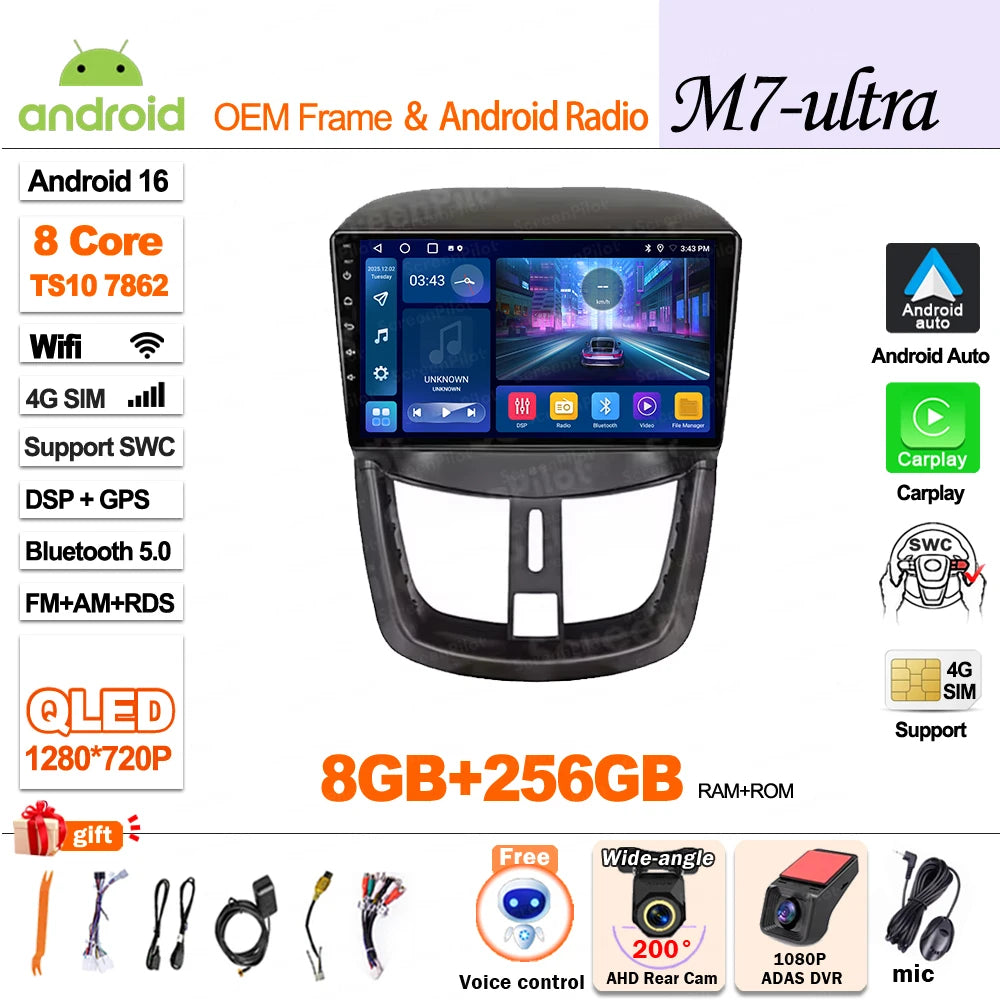 9" Android Car Stereo for Peugeot 207 & 207CC (2006–2015) — Wireless Android Auto, CarPlay, GPS, WiFi
