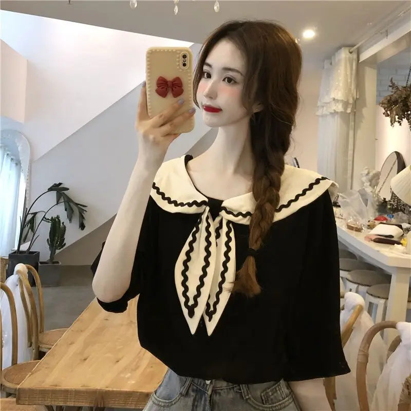 Sailor Collar T-shirts Women Baggy Kawaii Clothes Panelled Temper Designer Aesthetics Japanese Stylish Summer Vintage Футболка