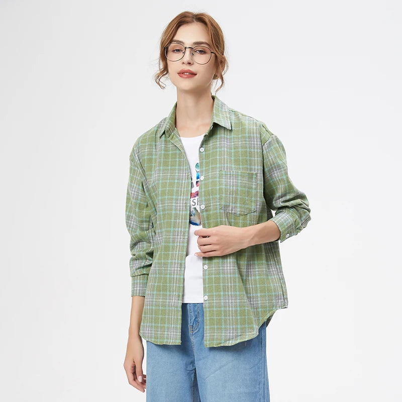 Women's Plaid Long Sleeve Shirt - Loose Casual Button-Up Blouse - photo 23