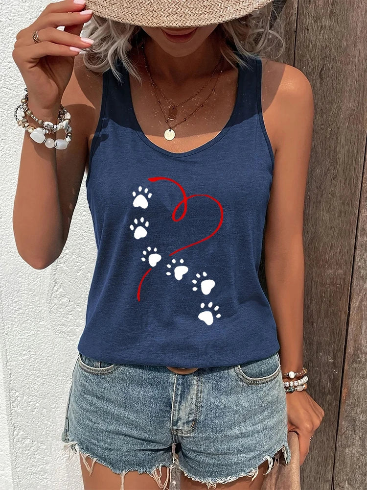 Heart Dog Paw Prints Fashion Casual Tank Top Women Dog Lover Sexy Tops Animal Essential Racerback Tanks Heart Graphic Casual Top