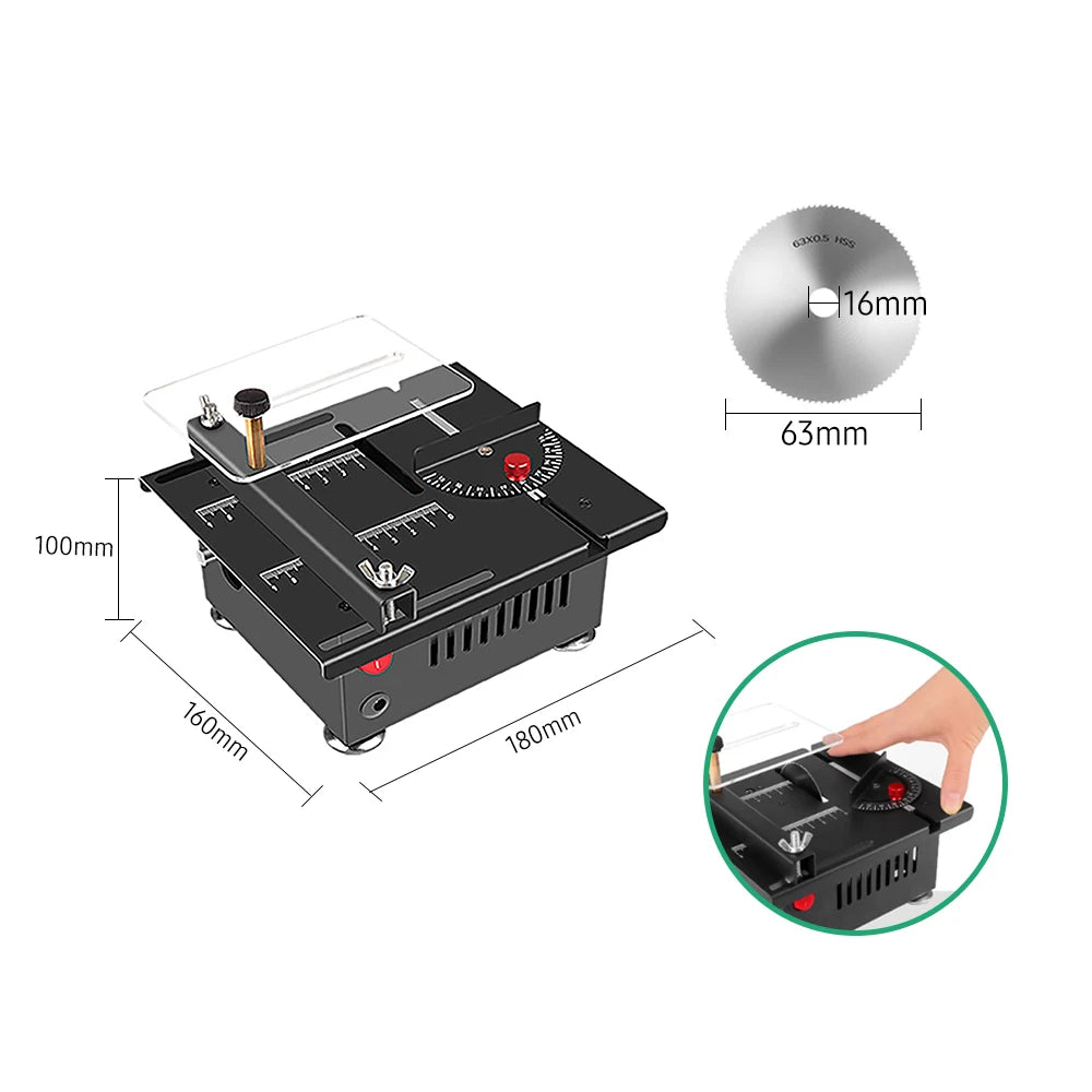 100W Multi Functional Table Saw Mini Desktop Electric Saw Cutter Speed and Angle Adjustable Liftable Blade 16MM Cutting Depth