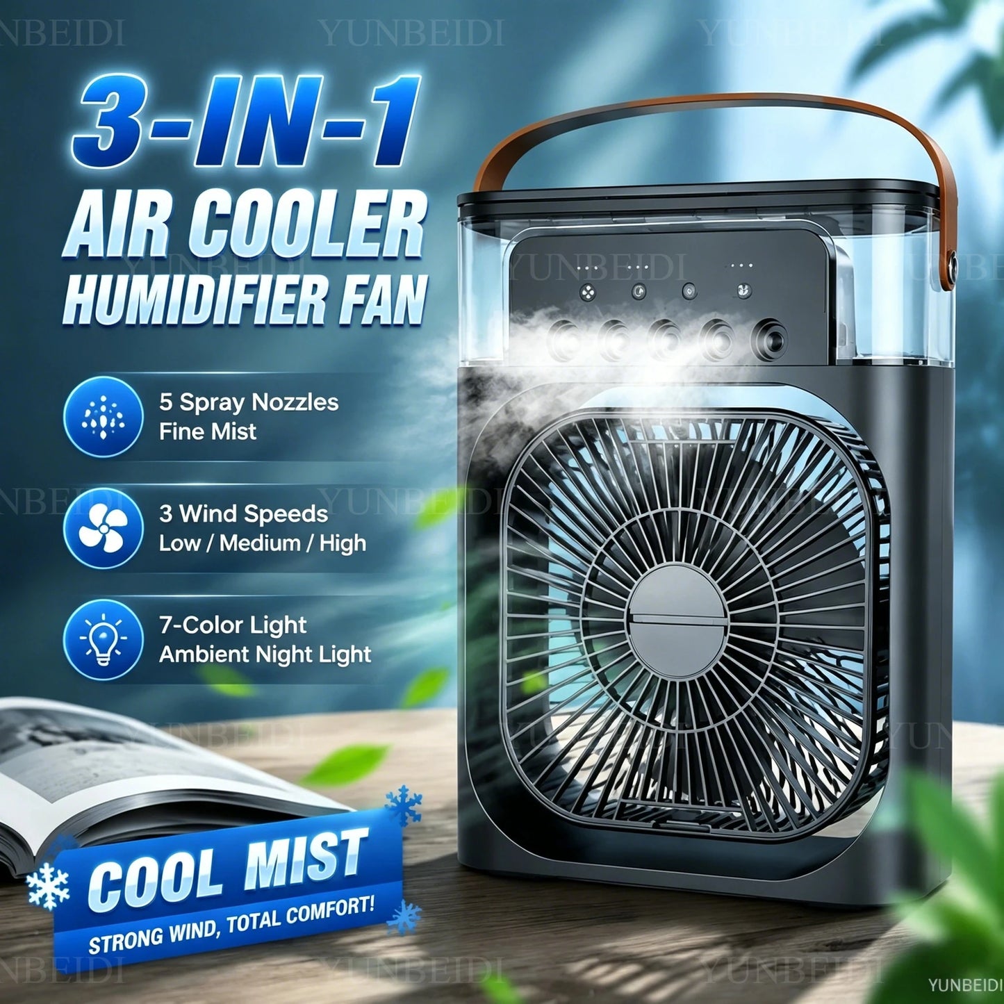 3-in-1 Portable Evaporative Air Cooler – Misting Fan, Humidifier & LED Light