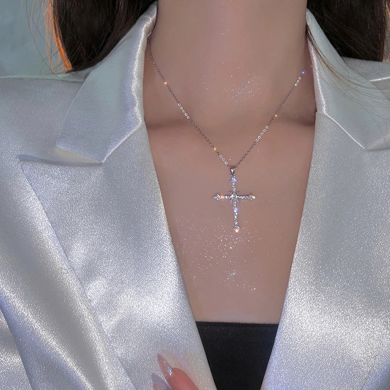 Crystal Zircon Cross Pendant Necklace for Women - Dainty Layering Chain