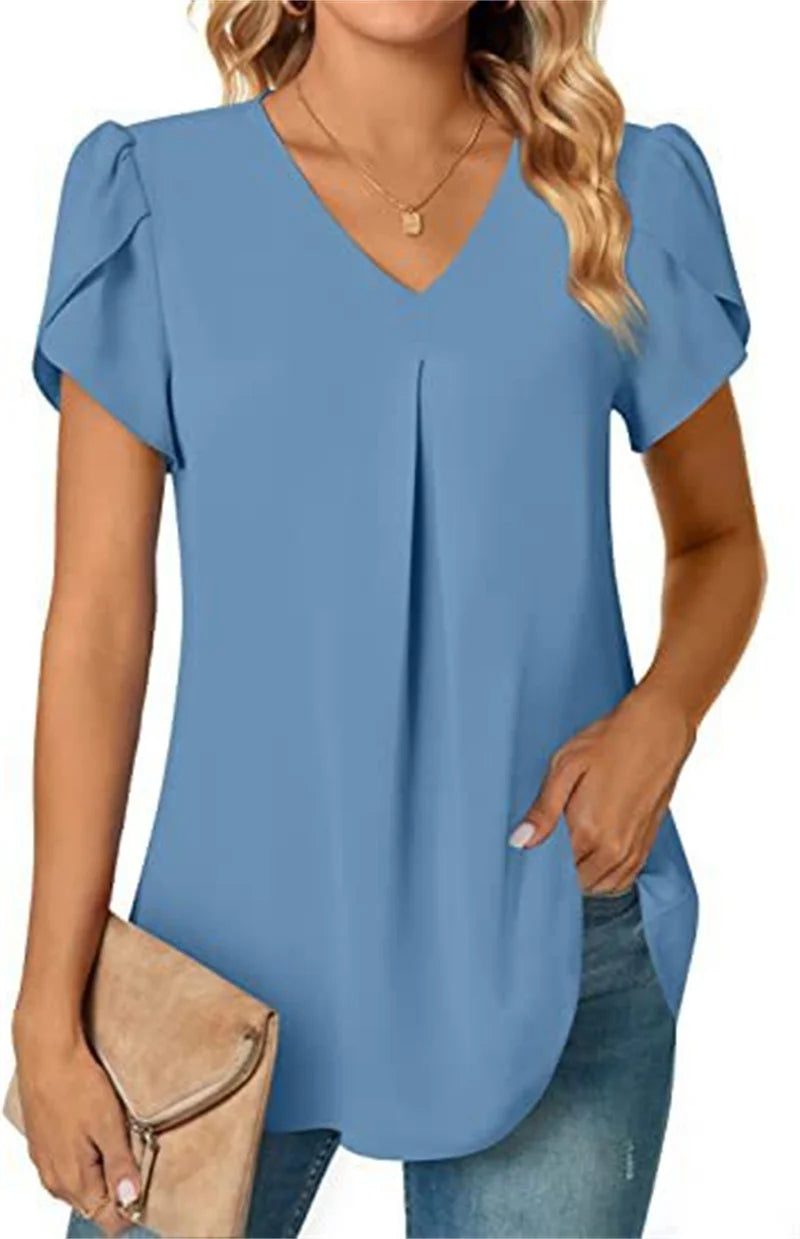 Women's Lace-Trim Floral Blouse — V-Neck Short-Sleeve Summer Top