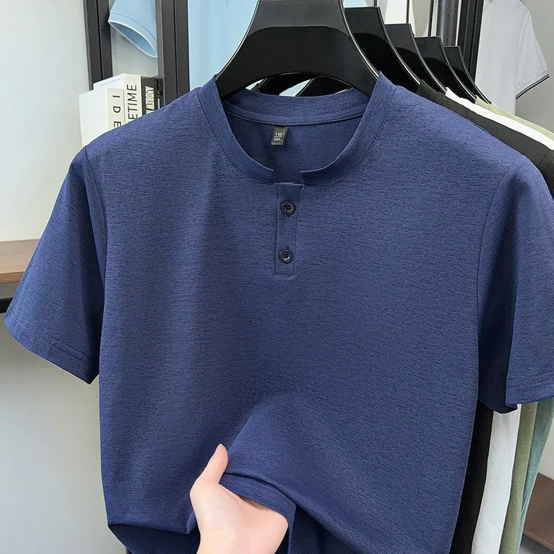 Men's Thin-Knit Henley - Two-Button Split Neck, Slim Elastic Fit